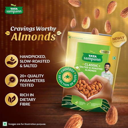 Tata Sampann Classic Salted & Roasted Almonds/Badam| Flavourful & Crunchy Snack| 190g