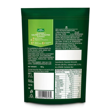 Tata Sampann Classic Salted & Roasted Almonds/Badam| Flavourful & Crunchy Snack| 190g