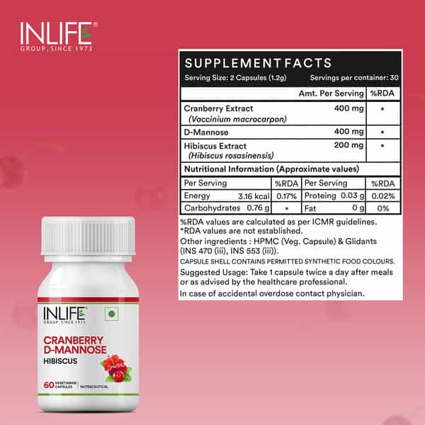 Inlife Cranberry 400Mg D-Mannose 400Mg & Hibiscus 200Mg Extract Urinary Tract Supplement-60Caps