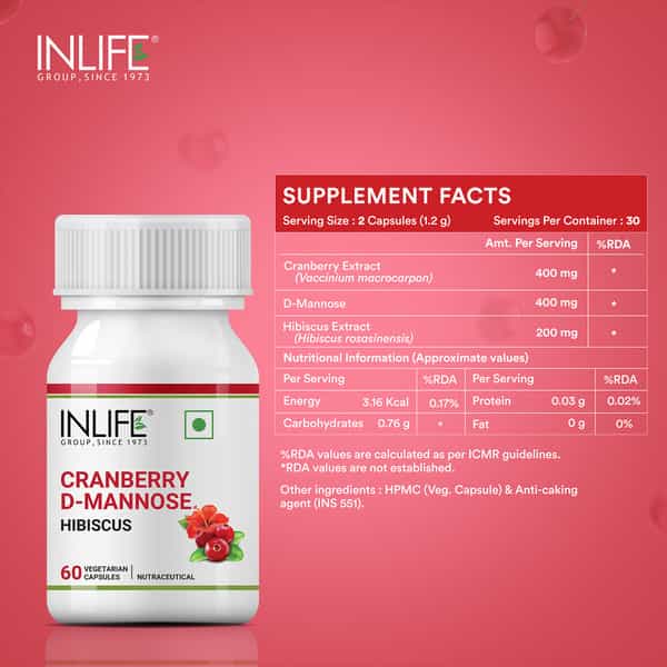 Inlife Cranberry 400Mg D-Mannose 400Mg & Hibiscus 200Mg Extract Urinary Tract Supplement-60Caps