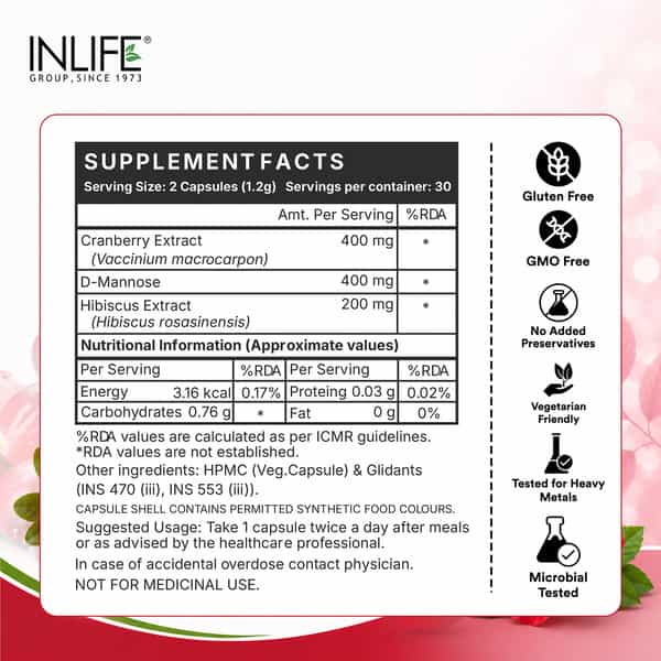 Inlife Cranberry D-Mannose Hibiscus Urinary Tract & Kidney Health - 60 Capsules