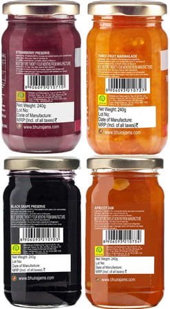 Bhuira Black Grape Apricot Jam Strawberry & Rosemary Three Fruit Marmalade|240g Pack Of 4