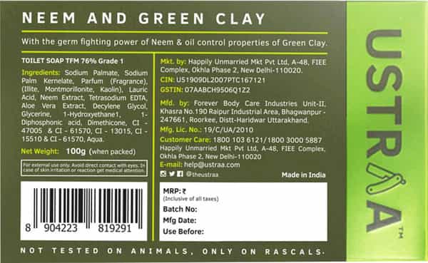 Ustraa Soap - Neem & Green Clay - 100 Gm (Pack Of 8)