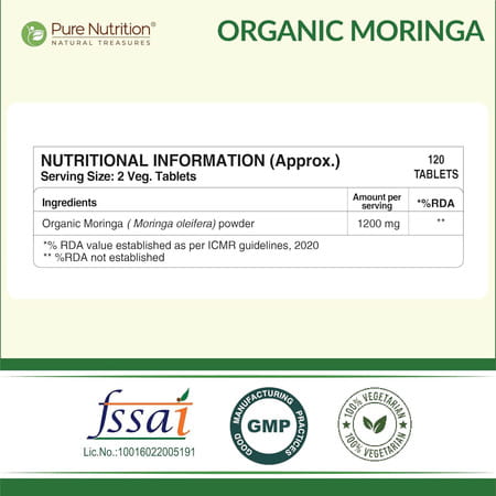 Pure Nutrition Moringa (1200mg) 100% Natural| Immunity Booster | 100% Organic - 120 Veg Tablets