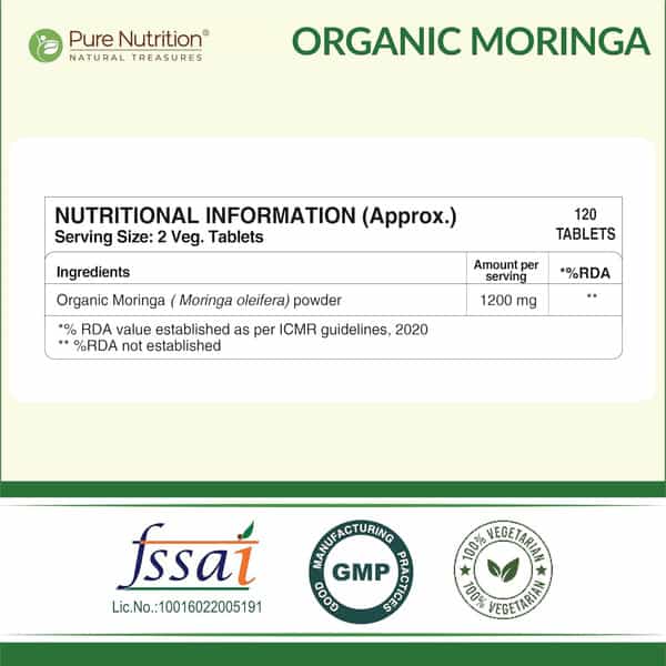 Pure Nutrition Moringa (1200Mg) 100% Natural| Immunity Booster | 100% Organic - 120 Veg Tablets