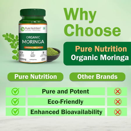Pure Nutrition Moringa (1200mg) 100% Natural| Immunity Booster | 100% Organic - 120 Veg Tablets