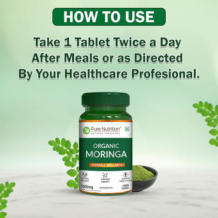 Pure Nutrition Moringa (1200mg) 100% Natural| Immunity Booster | 100% Organic - 120 Veg Tablets