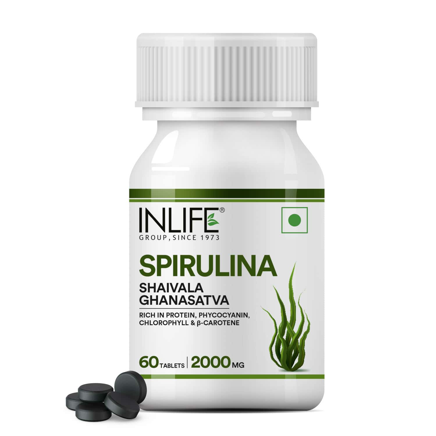 Inlife Spirulina Tablet 2000mg | Green Superfood Supplement | Protein Fiber Antioxidant - 60 Tablets