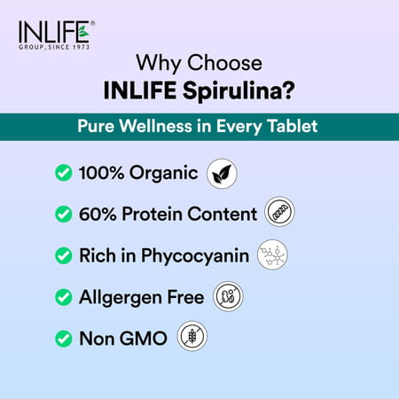 Inlife Spirulina Tablet 2000mg | Green Superfood Supplement | Protein Fiber Antioxidant - 60 Tablets