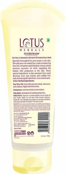 Lotus Herbals Teatreewash Tea Tree & Cinnamon Anti-Acne Oil Control Face Wash - 80 G