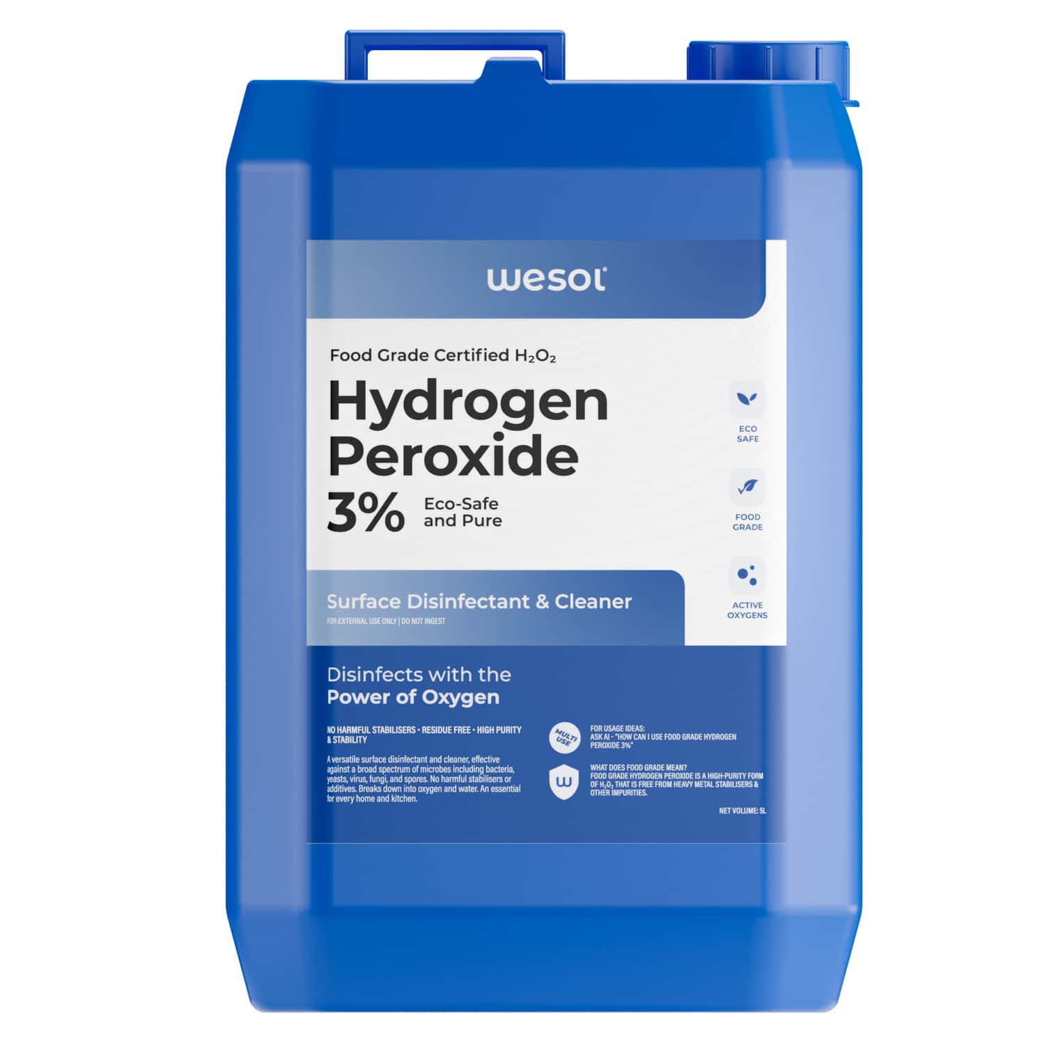 Wesol Food Grade Hydrogen Peroxide 3% Surface Sanitizer & Disinfectant 5 Ltr