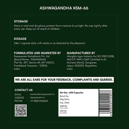 Rasayanam Ashwagandha Ksm-66 Capsules For Stress | Energy & Recovery (180 Capsules | Pack Of 3)