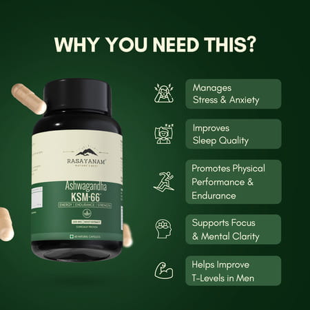 Rasayanam Ashwagandha Ksm-66 Capsules For Stress | Energy & Recovery (180 Capsules | Pack Of 3)