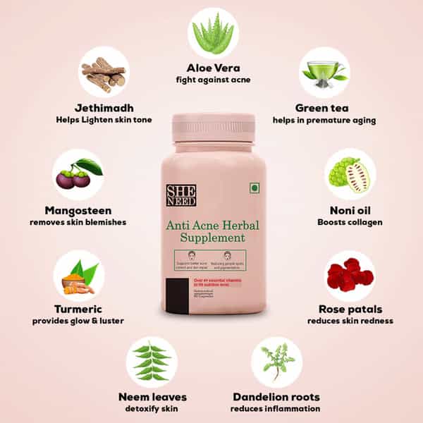 Sheneed Anti-Acne Herbal Supplement-With 4+Herbal Ingredients,Reduces Acne From Root,Vegan-60Capsule