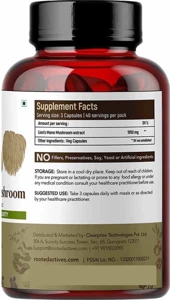 Rooted Actives- Lions Mane Mushroom Extract 1950Mg* - Pure Fruit Body Extract - 120 Veg Capsules