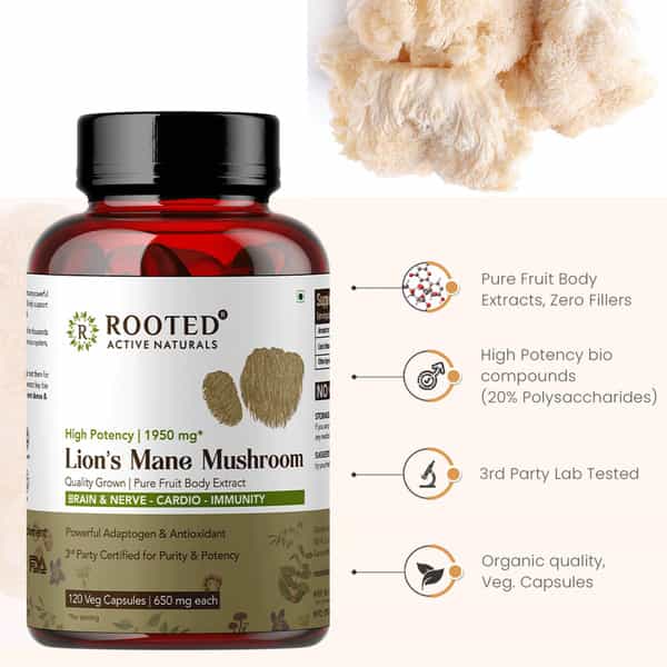 Rooted Actives- Lions Mane Mushroom Extract 1950Mg* - Pure Fruit Body Extract - 120 Veg Capsules