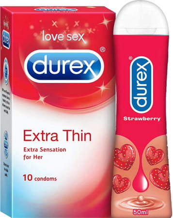 Durex Extra Thin Condoms For Men-10count With Durex Strawberry Flavoured Lube Gel-50ml