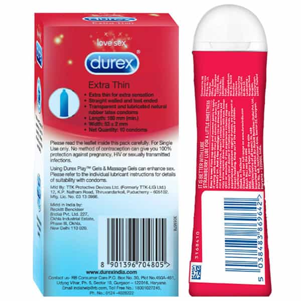 Durex Extra Thin Condoms For Men-10Count With Durex Strawberry Flavoured Lube Gel-50Ml