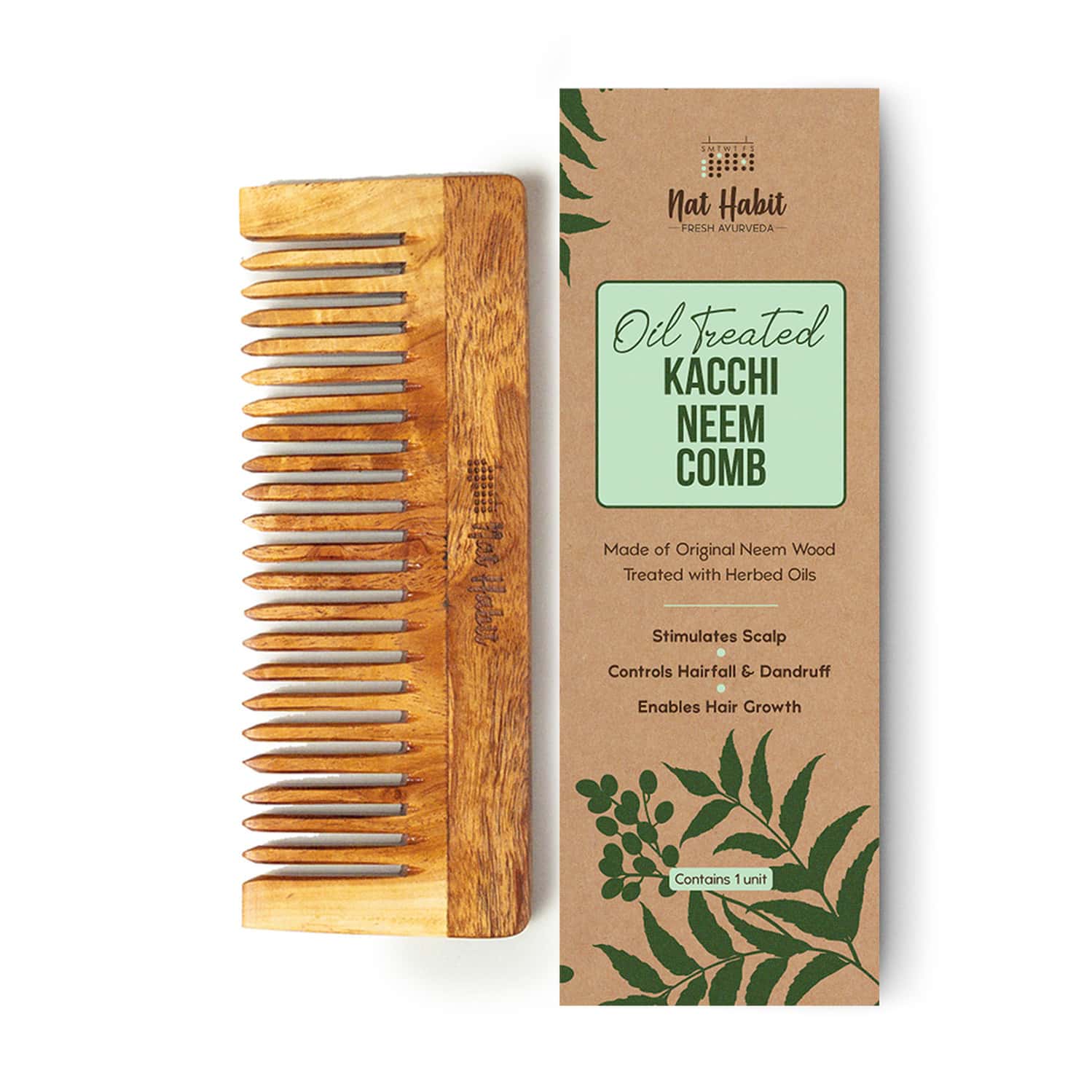 Nat Habit Kacchi Neem Wooden Shampoo Comb For Detangling - Soaked In 17 Herbs & Oils - L