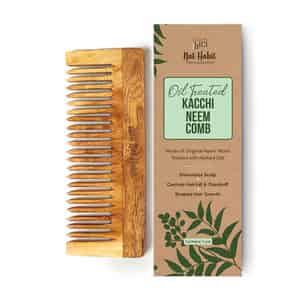 Nat Habit Kacchi Neem Wooden Shampoo Comb For Detangling - Soaked In 17 Herbs & Oils - L