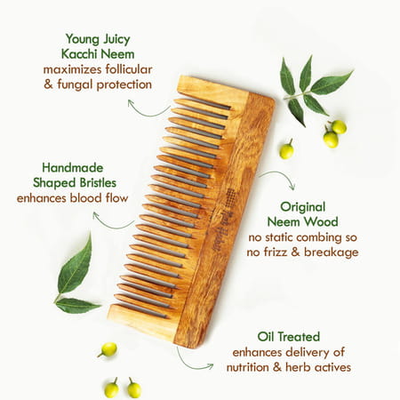 Nat Habit Kacchi Neem Wooden Shampoo Comb For Detangling - Soaked In 17 Herbs & Oils - L