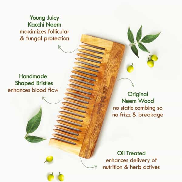Nat Habit Kacchi Neem Wooden Shampoo Comb For Detangling - Soaked In 17 Herbs & Oils - L