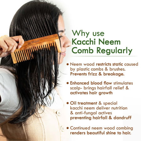 Nat Habit Kacchi Neem Wooden Shampoo Comb For Detangling - Soaked In 17 Herbs & Oils - L