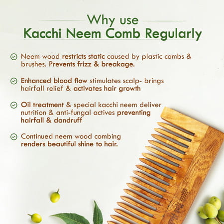 Nat Habit Kacchi Neem Wooden Shampoo Comb For Detangling - Soaked In 17 Herbs & Oils - L