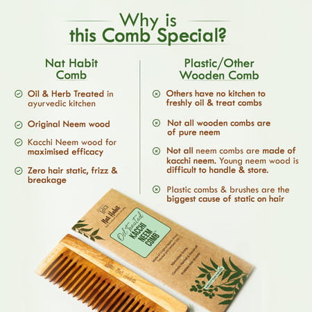 Nat Habit Kacchi Neem Wooden Shampoo Comb For Detangling - Soaked In 17 Herbs & Oils - L