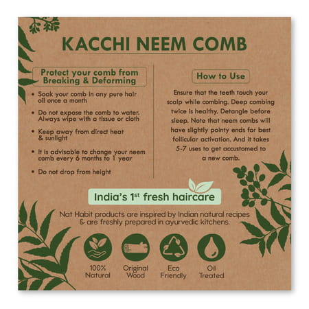 Nat Habit Kacchi Neem Wooden Shampoo Comb For Detangling - Soaked In 17 Herbs & Oils - L