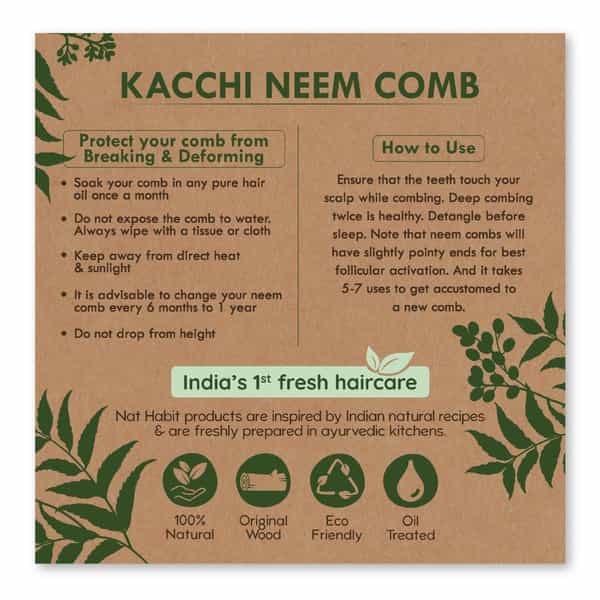 Nat Habit Kacchi Neem Wooden Shampoo Comb For Detangling - Soaked In 17 Herbs & Oils - L