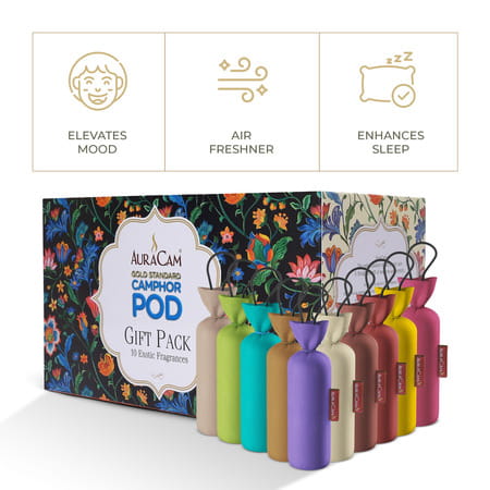 Auracam Gold Standard Camphor Pod Gift Pack 10 Exotic Fragrance | Premium Gift Hamper Air Freshener