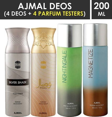Ajmal 1 Silver Shade For Men 1 Wisal For Women 1 Nightingale 1 Magnetize Unisex Combo Pack Of 4 Deos
