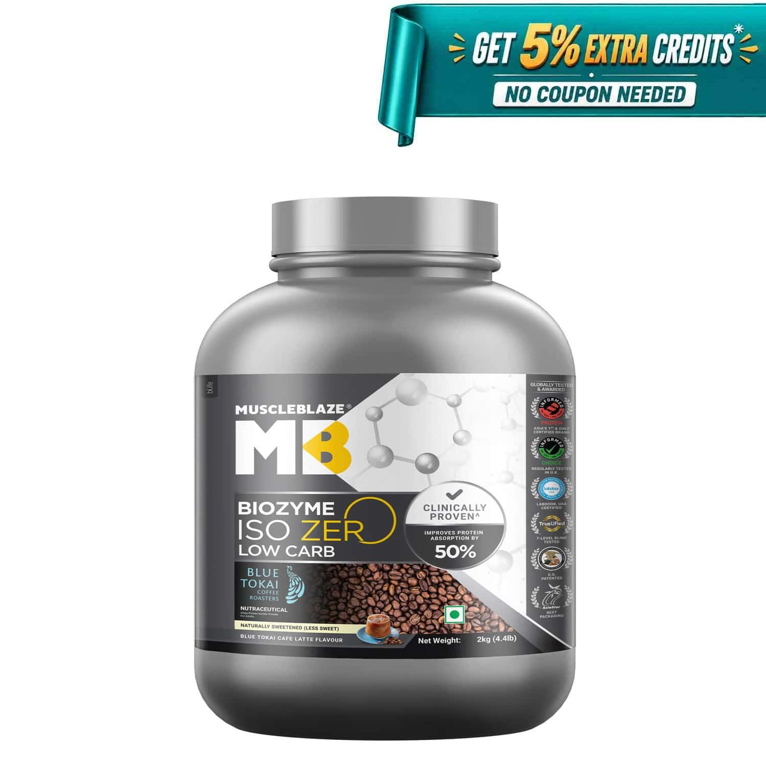Muscleblaze Biozyme Iso-zero | Low Carb Whey Protein Isolate (blue Tokai Cafe Latte | 2kg)