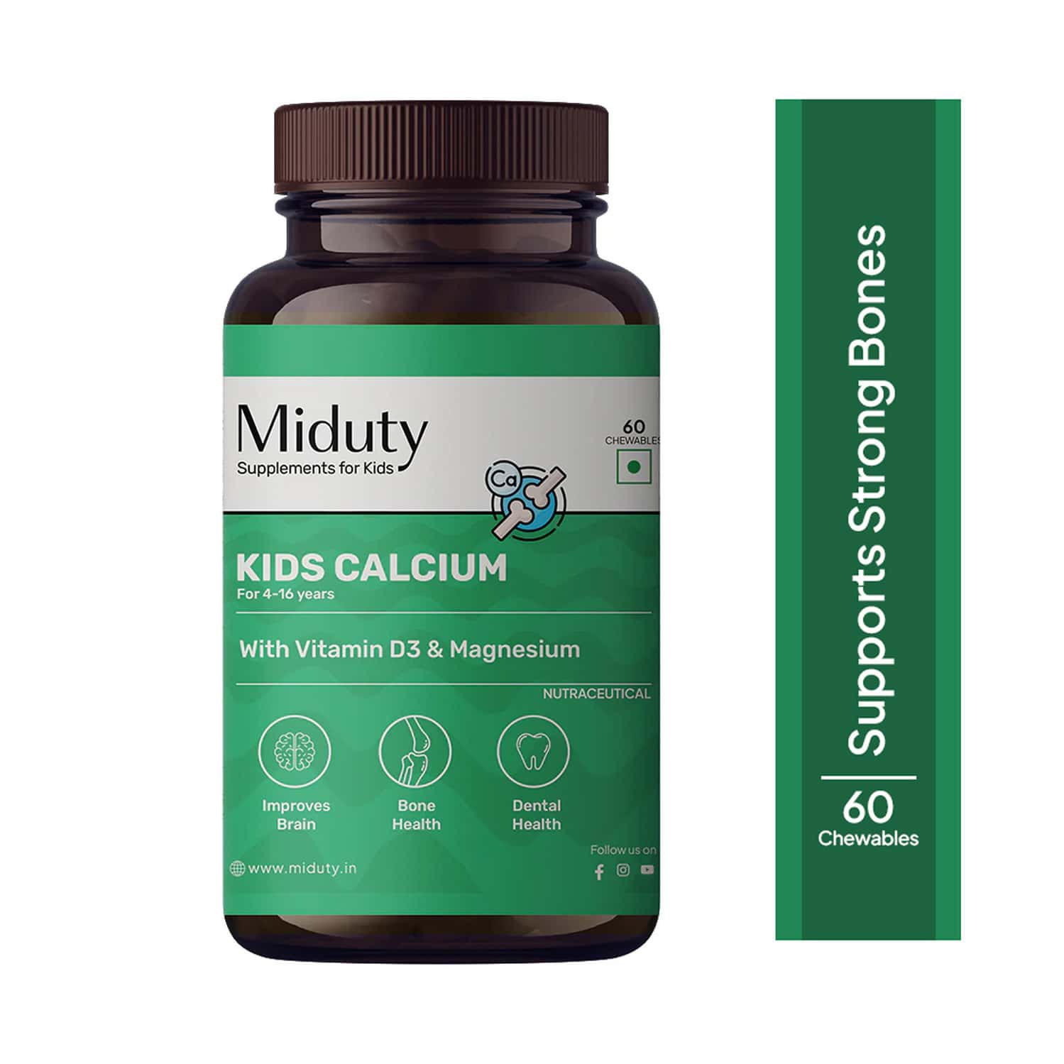 Miduty Kids Calcium - Vitamin D3 - Strong Bones - Immunity Support - Chewable Tablets - 60 Tabs
