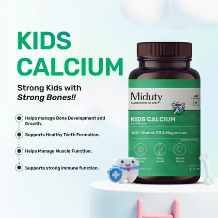 Miduty Kids Calcium - Vitamin D3 - Strong Bones - Immunity Support - Chewable Tablets - 60 Tabs
