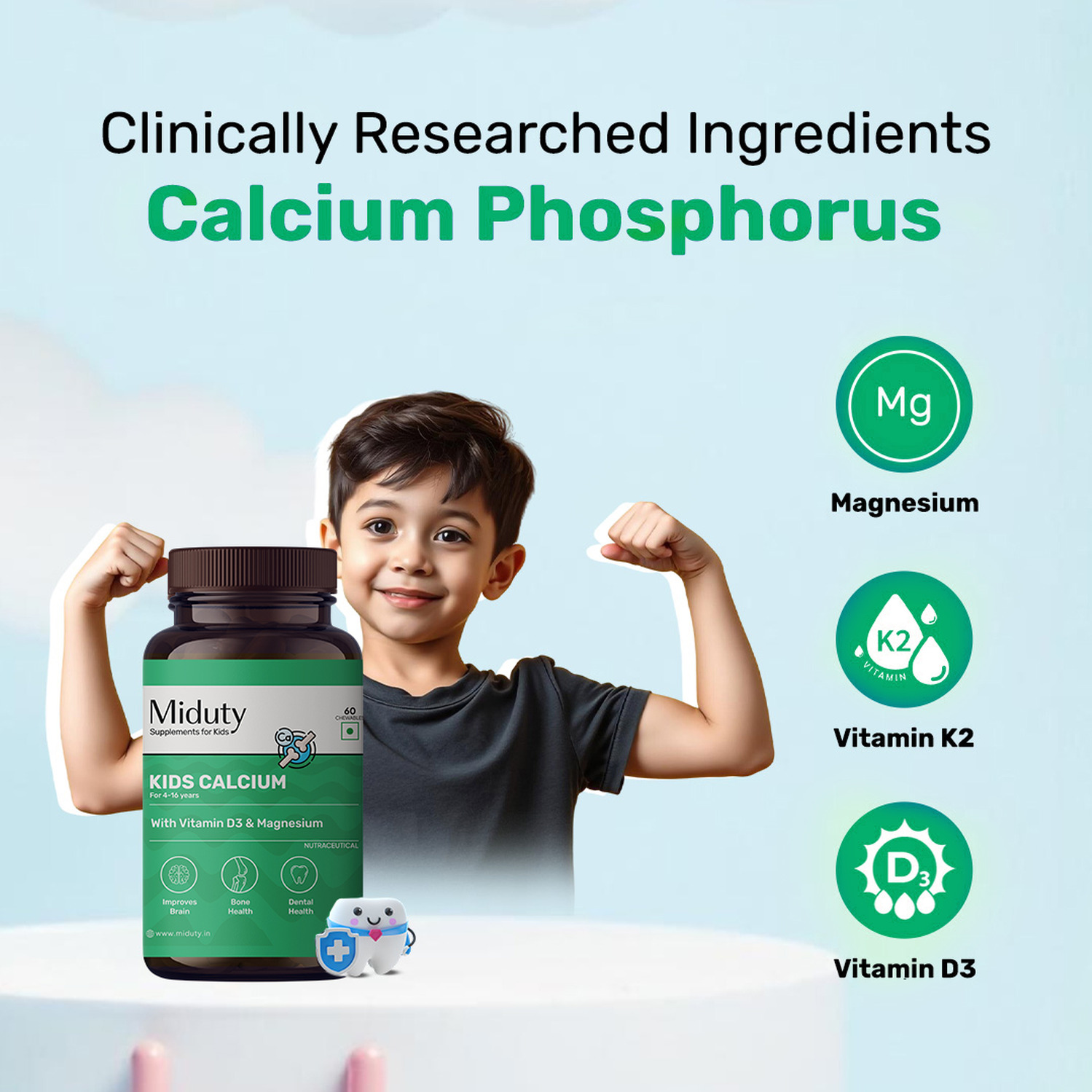 Miduty Palak Notes Kids Calcium Vitamin D3 - K2 - Magnesium - Kids Multivitamin - 60 Chewables