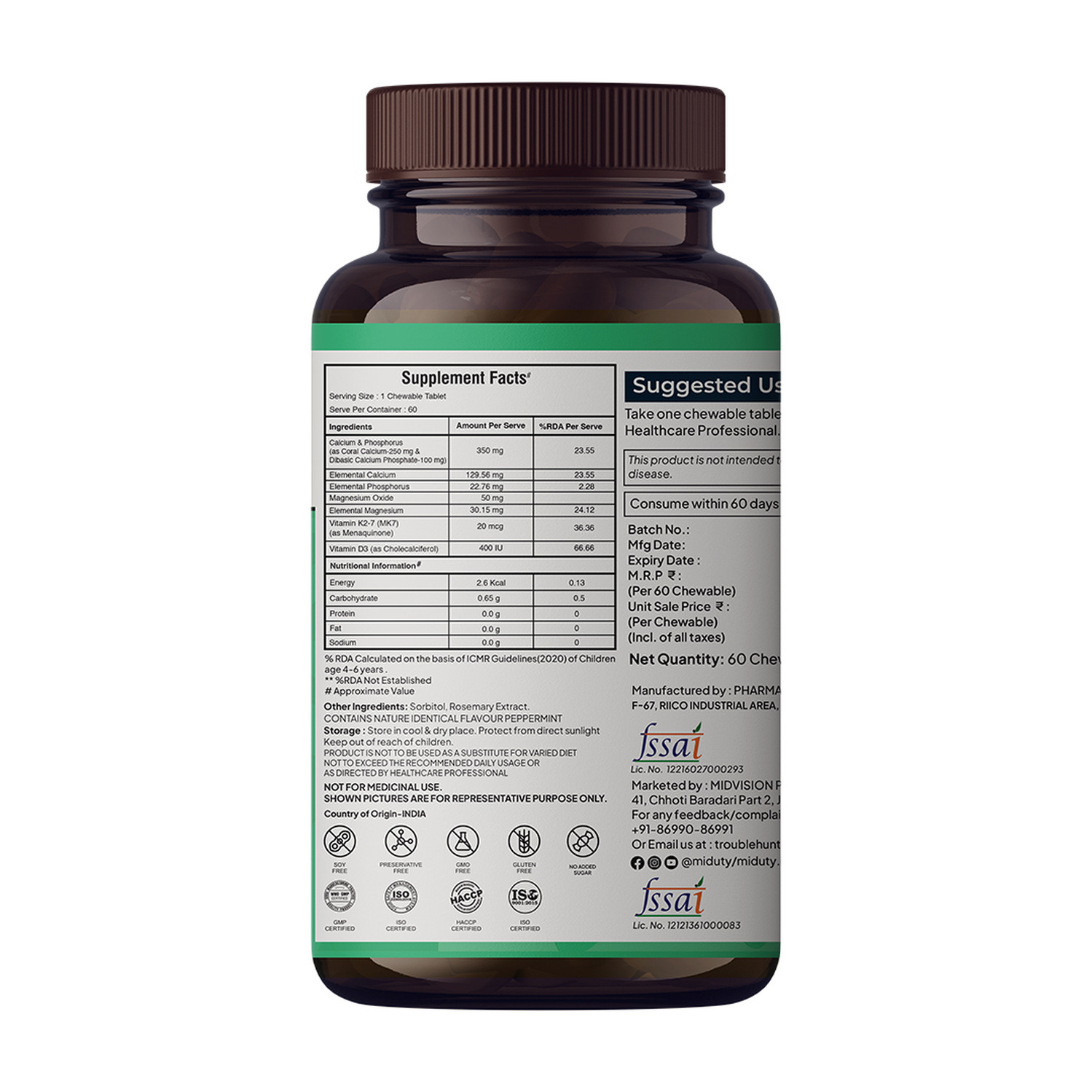 Miduty Palak Notes Kids Calcium Vitamin D3 - K2 - Magnesium - Kids Multivitamin - 60 Chewables