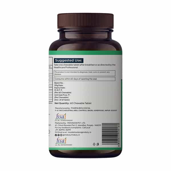 Miduty Kids Calcium - Vitamin D3 - Strong Bones - Immunity Support - Chewable Tablets - 60 Tabs