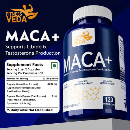 Fitness Veda Maca Root Capsules 120 Veggie Caps - Organic Maca Supplement For Men & Women