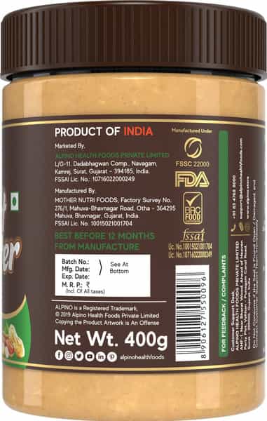 Alpino Natural Peanut Butter Crunchy 400 G |High Protein Peanut Butter | Unsweetened Vegan