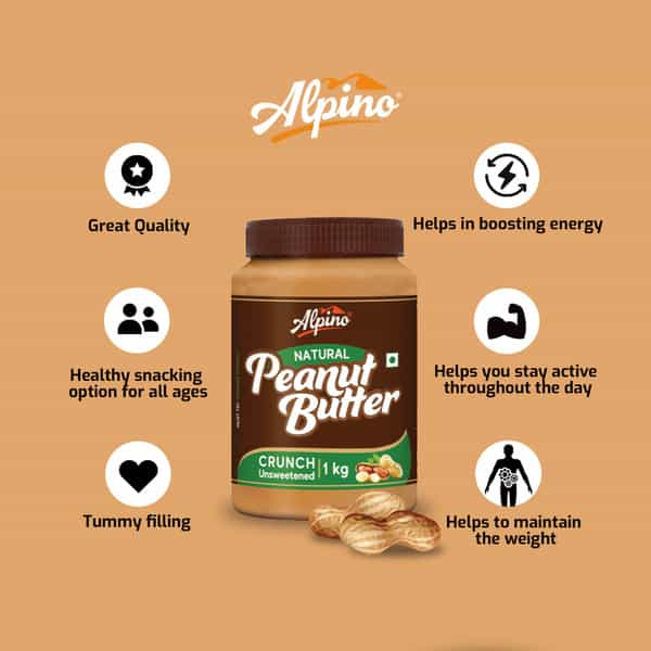 Alpino Natural Peanut Butter Crunchy 400 G |High Protein Peanut Butter | Unsweetened Vegan