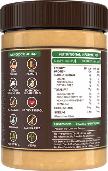 Alpino Natural Peanut Butter Crunchy 400 G |High Protein Peanut Butter | Unsweetened Vegan