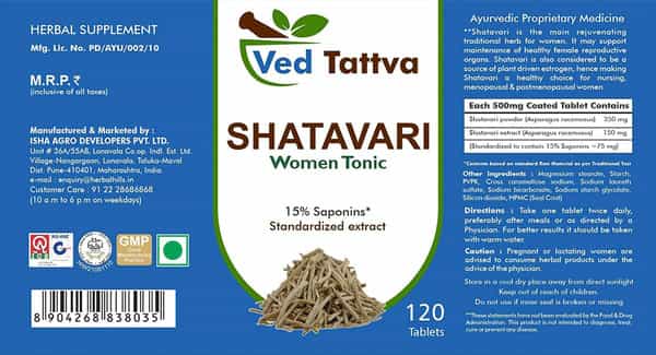 Ved Tattva Shatavari Tablets 500 Mg 120 Tablets - Natural & Pure Women Tonic (Pack Of 4)