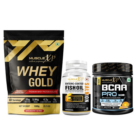 Musclexp Premium Muscle Building Combo|Whey Gold Pouch 1kg|Salmon Fish Oil 60 Softgels|Bcaa Pro 400g