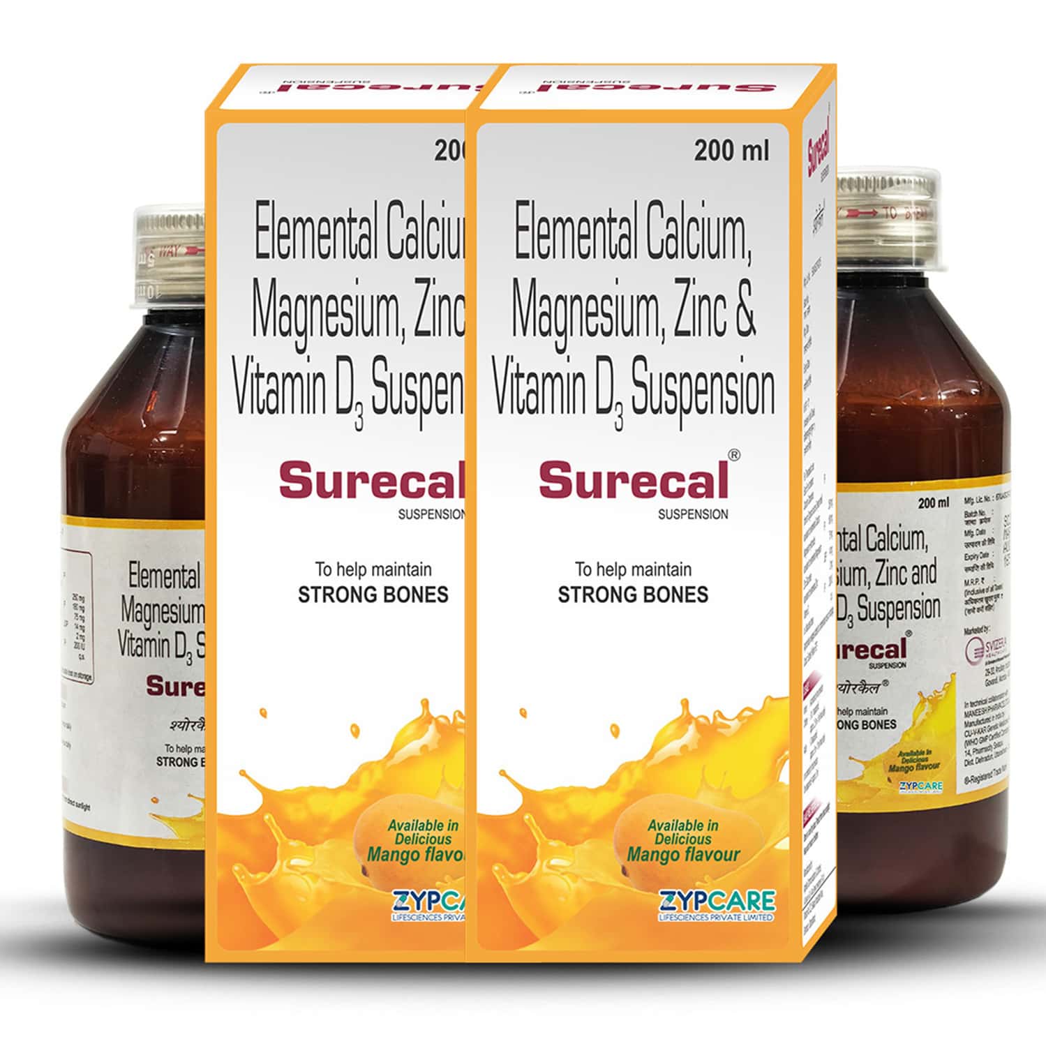 Surecal Suspension Syrup - Calcium | Vit D3 | Magnesium | Zinc - Mango Flavour - 200ml X Pack Of 2