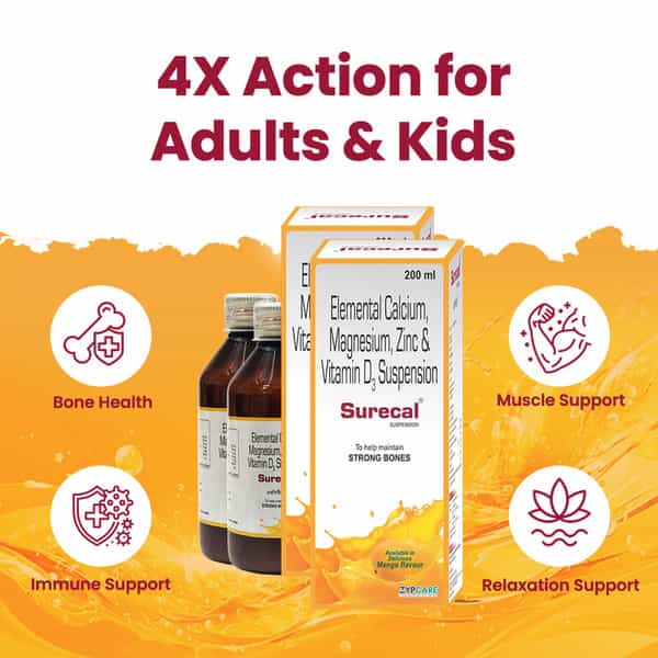 Surecal Suspension Syrup - Calcium | Vit D3 | Magnesium | Zinc - Mango Flavour - 200Ml X Pack Of 2