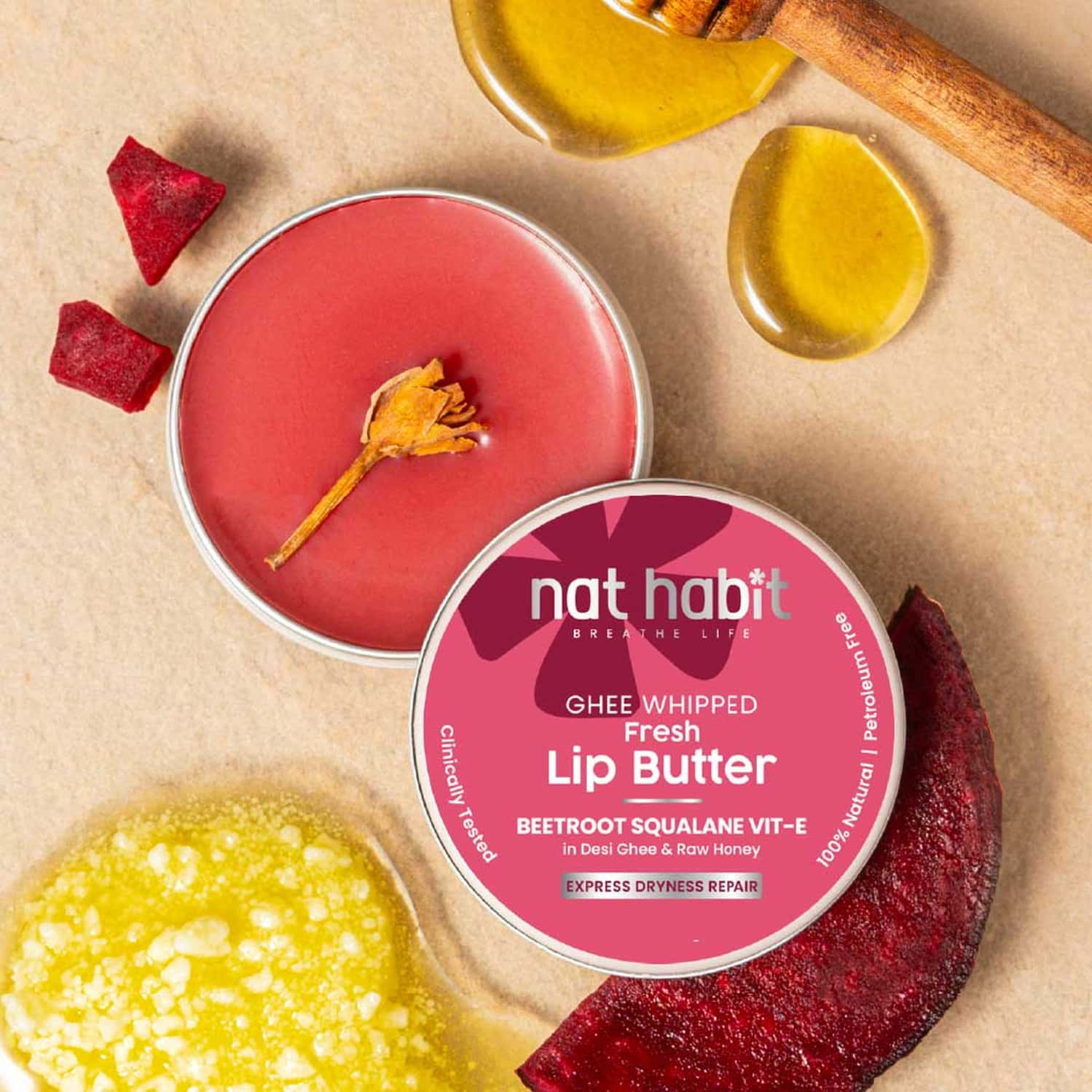 Nat Habit Beetroot Lip Butter With Desi Ghee & Honey Lip Balm For Natural Pink Lips | Moist 10g