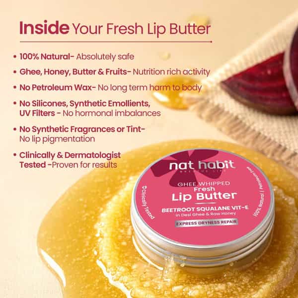 Nat Habit Beetroot Lip Butter With Desi Ghee & Honey Lip Balm For Natural Pink Lips | Moist 10G