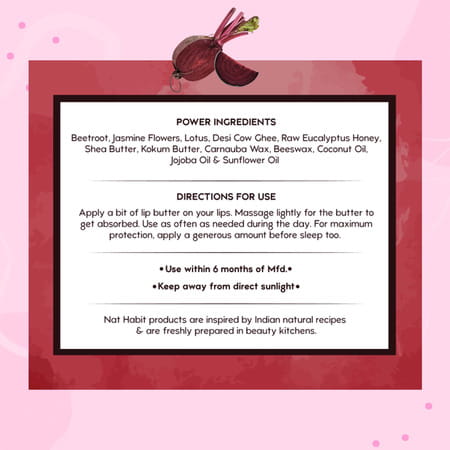 Nat Habit Beetroot Lip Butter With Desi Ghee & Honey Lip Balm For Natural Pink Lips | Moist 10g